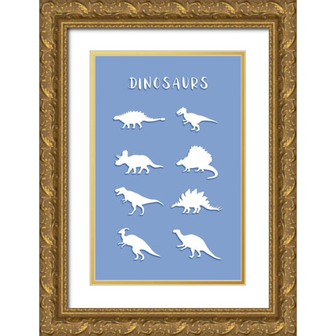 Dinosaurs Blue Gold Ornate Wood Framed Art Print with Double Matting by Aesthete