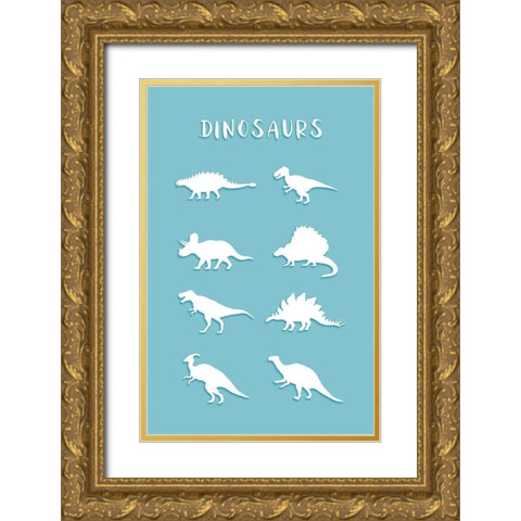 Dinosaurs Cyan Gold Ornate Wood Framed Art Print with Double Matting by Aesthete