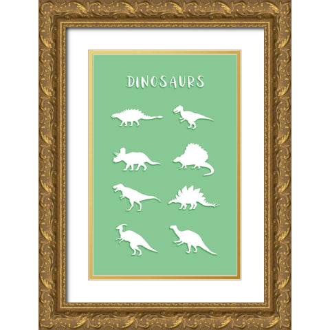 Dinosaurs Green Gold Ornate Wood Framed Art Print with Double Matting by Aesthete