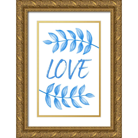 Blue Love Leafs Gold Ornate Wood Framed Art Print with Double Matting by Aesthete