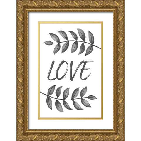 Grey Love Leafs Gold Ornate Wood Framed Art Print with Double Matting by Aesthete