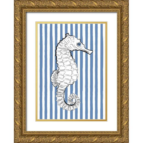 Blue Striped Sea Horse Gold Ornate Wood Framed Art Print with Double Matting by Aesthete