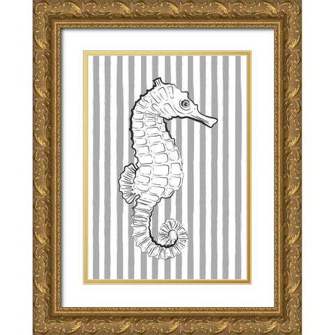 Grey Striped Sea Horse Gold Ornate Wood Framed Art Print with Double Matting by Aesthete