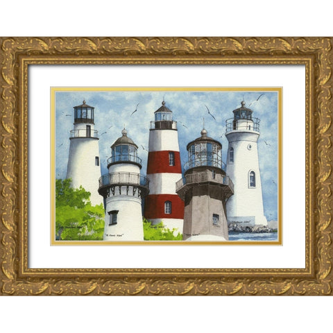 All Five Georgia Lighthouses Gold Ornate Wood Framed Art Print with Double Matting by Rizzo, Gene