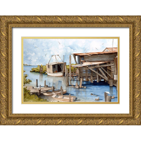 The Old Boatshed Gold Ornate Wood Framed Art Print with Double Matting by Rizzo, Gene