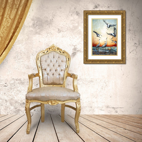 Flying Sandhill Cranes Gold Ornate Wood Framed Art Print with Double Matting by Rizzo, Gene