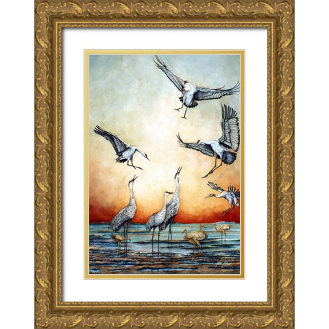 Flying Sandhill Cranes Gold Ornate Wood Framed Art Print with Double Matting by Rizzo, Gene