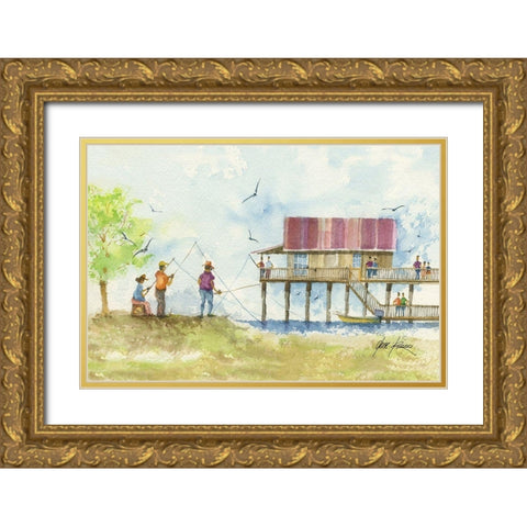 Fishing People Gold Ornate Wood Framed Art Print with Double Matting by Rizzo, Gene