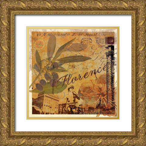 Latitude and Longitude Travel to Florence Gold Ornate Wood Framed Art Print with Double Matting by Art Licensing Studio
