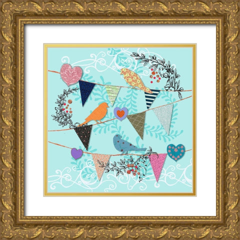 Birds and Hearts Gold Ornate Wood Framed Art Print with Double Matting by Art Licensing Studio