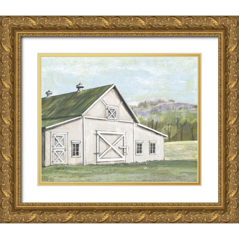 Field Barn in Spring Gold Ornate Wood Framed Art Print with Double Matting by Art Licensing Studio