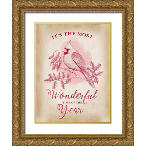 Christmas Cardinal Gold Ornate Wood Framed Art Print with Double Matting by Art Licensing Studio