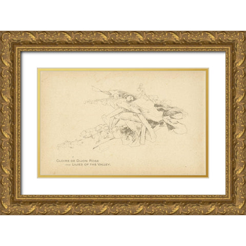 Gloire de Dijon Rose and Lilies of the Valley Gold Ornate Wood Framed Art Print with Double Matting by Art Licensing Studio