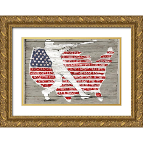 USA Flag and Batter Gold Ornate Wood Framed Art Print with Double Matting by Art Licensing Studio