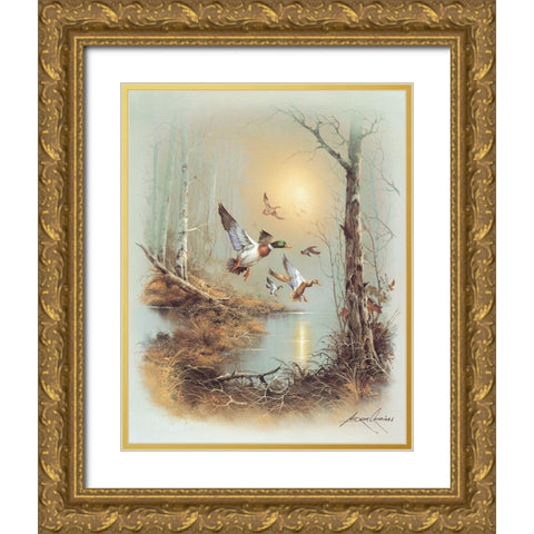 Ducks A Gold Ornate Wood Framed Art Print with Double Matting by Orpinas, Andres