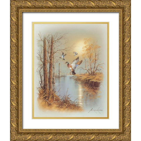 Ducks B Gold Ornate Wood Framed Art Print with Double Matting by Orpinas, Andres