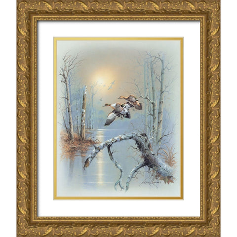 Ducks D Gold Ornate Wood Framed Art Print with Double Matting by Orpinas, Andres