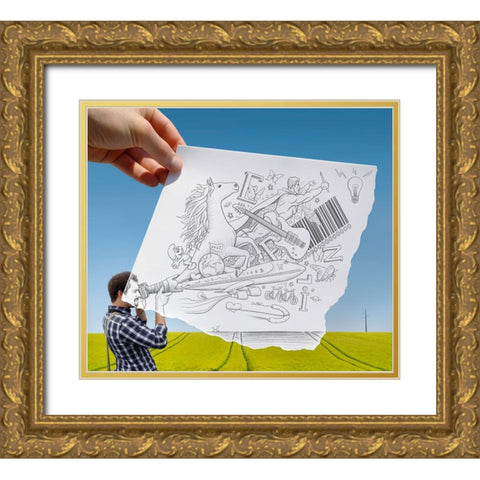 Pencil Vs Camera 30 - The Photographer Gold Ornate Wood Framed Art Print with Double Matting by Heine, Ben
