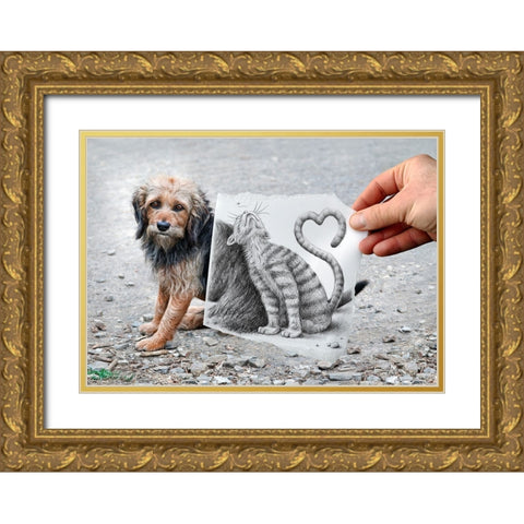 Pencil Vs Camera 58 - Loving Cat Gold Ornate Wood Framed Art Print with Double Matting by Heine, Ben