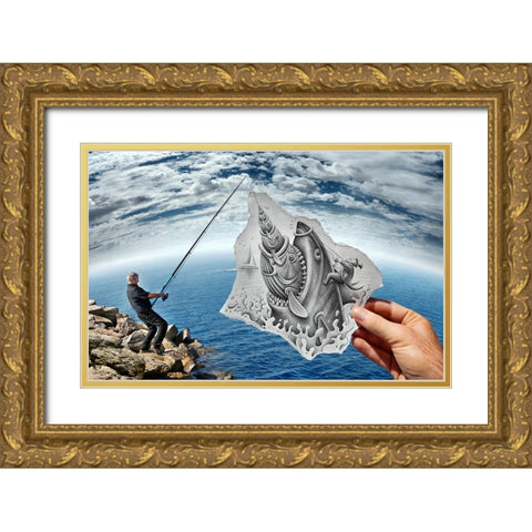 Pencil Vs Camera 59 - Scary Shark Gold Ornate Wood Framed Art Print with Double Matting by Heine, Ben