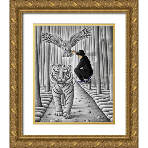 Pencil Vs Camera 74 - Making of Owl and Tiger Gold Ornate Wood Framed Art Print with Double Matting by Heine, Ben