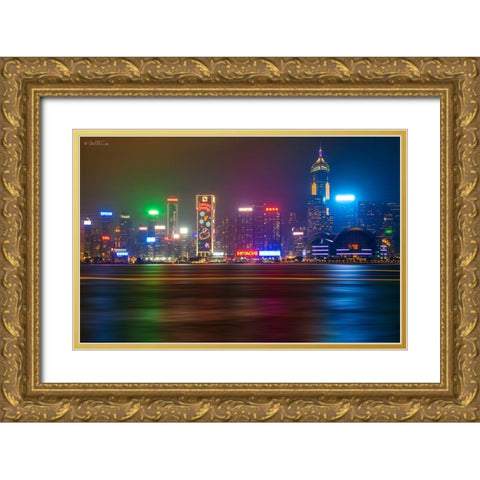 Hong Kong by Night 2014 Gold Ornate Wood Framed Art Print with Double Matting by Heine, Ben