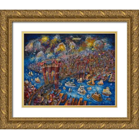 Opening Day 1873 Brooklyn Bridge Gold Ornate Wood Framed Art Print with Double Matting by Bell, Bill