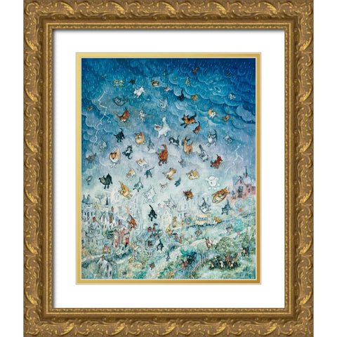 Raining Cats and Dogs Gold Ornate Wood Framed Art Print with Double Matting by Bell, Bill