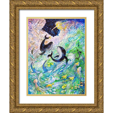 Creation Whales and Fishes Gold Ornate Wood Framed Art Print with Double Matting by Bell, Bill
