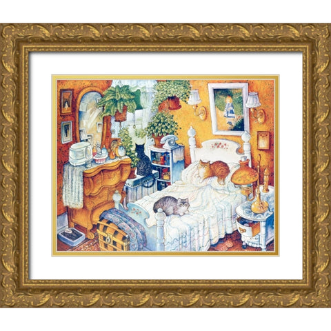 Bedroom Cats Gold Ornate Wood Framed Art Print with Double Matting by Bell, Bill