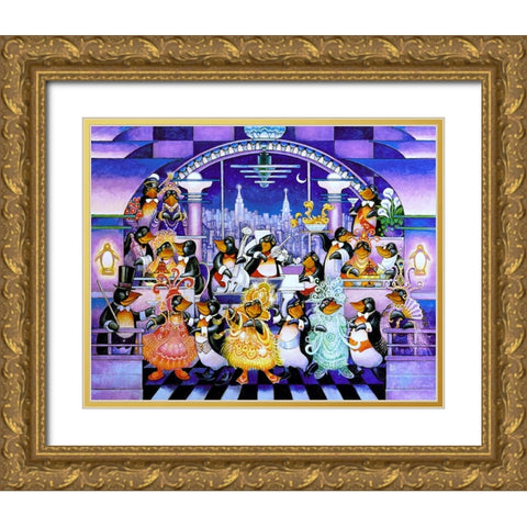 Penguin Penthouse Gold Ornate Wood Framed Art Print with Double Matting by Bell, Bill