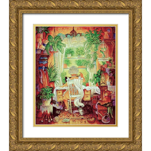 The Sewing Lady 2 Gold Ornate Wood Framed Art Print with Double Matting by Bell, Bill