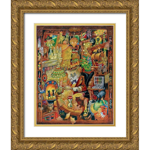 Curious Cat Gold Ornate Wood Framed Art Print with Double Matting by Bell, Bill