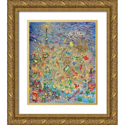 Frogs and Fishes Gold Ornate Wood Framed Art Print with Double Matting by Bell, Bill