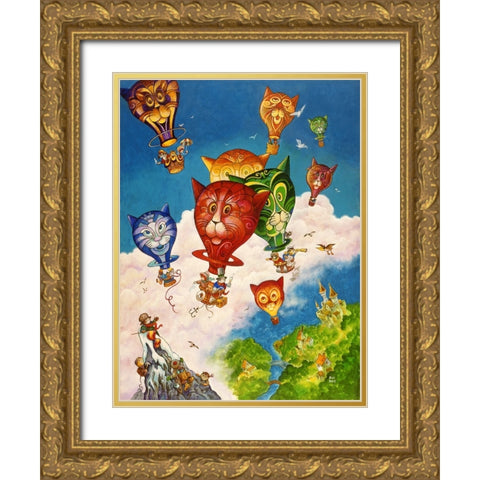 Cat Balloons Gold Ornate Wood Framed Art Print with Double Matting by Bell, Bill