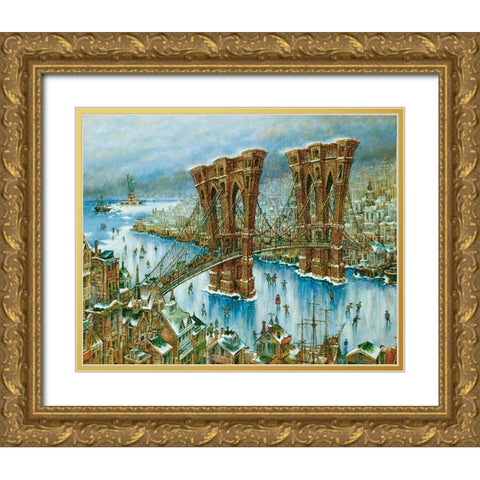 Brooklyn Bridge Gold Ornate Wood Framed Art Print with Double Matting by Bell, Bill