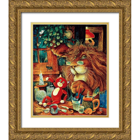 Pinnochio Cat Gold Ornate Wood Framed Art Print with Double Matting by Bell, Bill