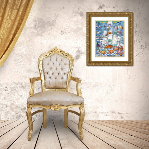 Bathroom Pups Gold Ornate Wood Framed Art Print with Double Matting by Bell, Bill
