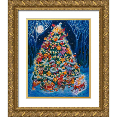 Christmas Cats Gold Ornate Wood Framed Art Print with Double Matting by Bell, Bill