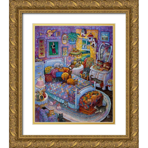 More Cats And Quilts Gold Ornate Wood Framed Art Print with Double Matting by Bell, Bill
