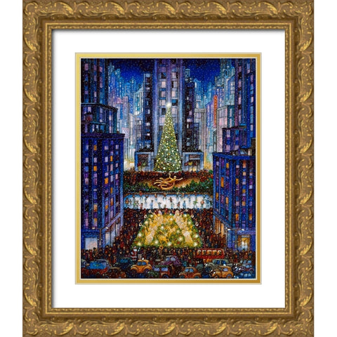 Rockefeller Center 2 Blue Gold Ornate Wood Framed Art Print with Double Matting by Bell, Bill