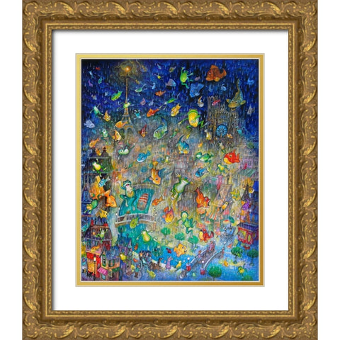 Raining Frogs And Fishes Gold Ornate Wood Framed Art Print with Double Matting by Bell, Bill