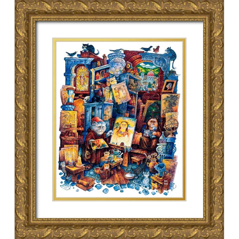 Mona Cat Gold Ornate Wood Framed Art Print with Double Matting by Bell, Bill