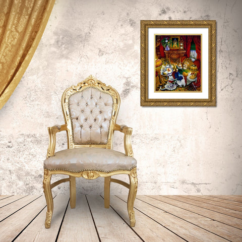 Lion Reading A Book Gold Ornate Wood Framed Art Print with Double Matting by Bell, Bill