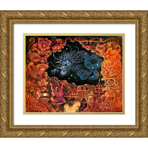 Zodiac Dragon Gold Ornate Wood Framed Art Print with Double Matting by Bell, Bill