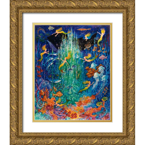 Neptune And The Mermaids Gold Ornate Wood Framed Art Print with Double Matting by Bell, Bill