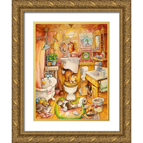 More Bathroom Cats Gold Ornate Wood Framed Art Print with Double Matting by Bell, Bill