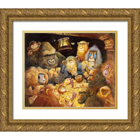 Noahs Poker Night Gold Ornate Wood Framed Art Print with Double Matting by Bell, Bill
