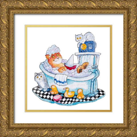 Bubble Bath Cat Gold Ornate Wood Framed Art Print with Double Matting by Bell, Bill