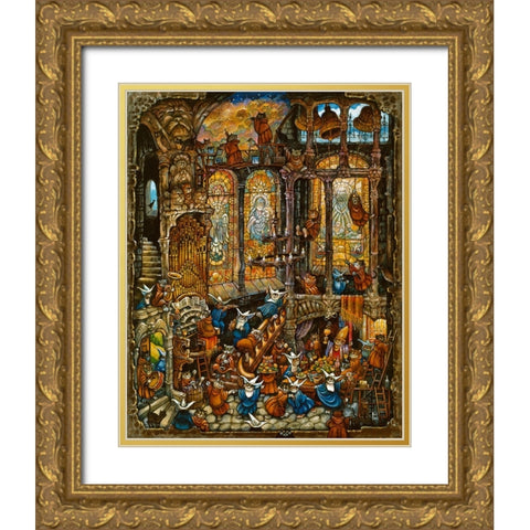 Holy Cats 2 W/ Nuns Gold Ornate Wood Framed Art Print with Double Matting by Bell, Bill